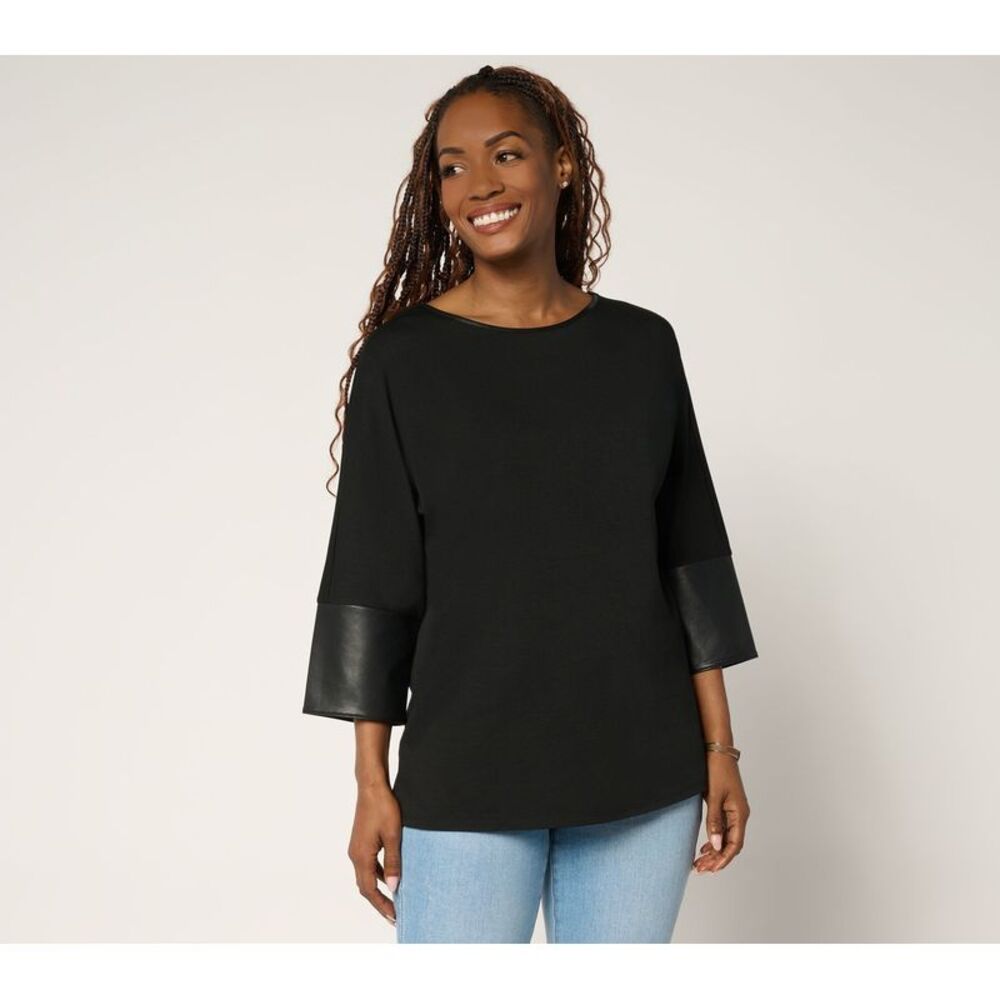 SUNNYLiFE Women's Top Plus Sz 1X TripleLuxe Knit Faux Leather Cuffs Black